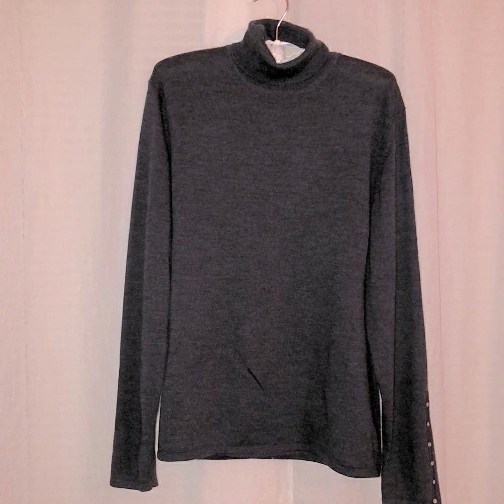 Pursuits XL Charcoal Gray 💯 Wool Pullover Turtleneck Sweater Sl Button Detail